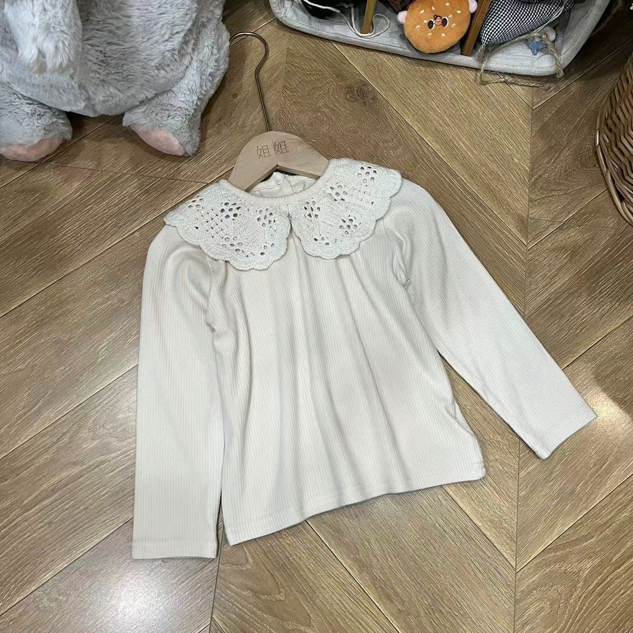 〖姐姐家〗2024秋款儿童萌娃穿搭重工蕾丝翻领打底bt0153 sy3570