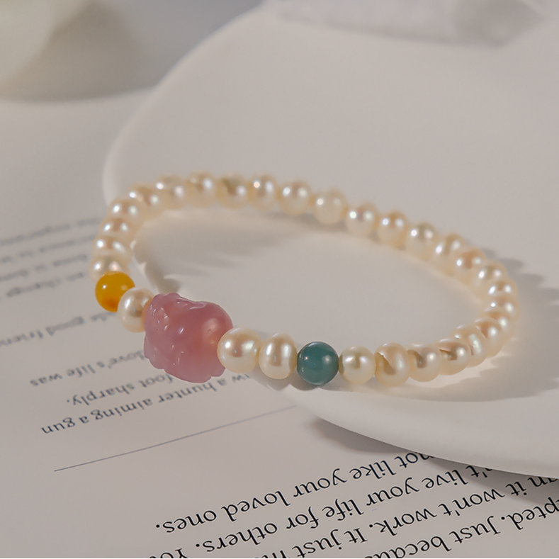 小众轻奢淡水百搭珍珠手链配玛瑙貔貅单圈复古手串6513