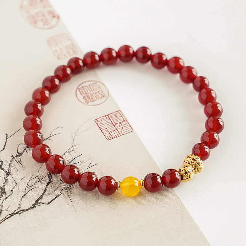 红玛瑙搭配黄玛瑙简约款单圈手链 -7564