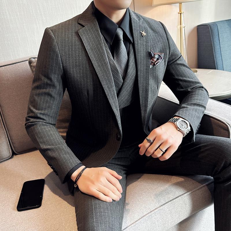 条纹西服套装男士修身商务正装职业上班西装新郎结婚伴郎休闲服