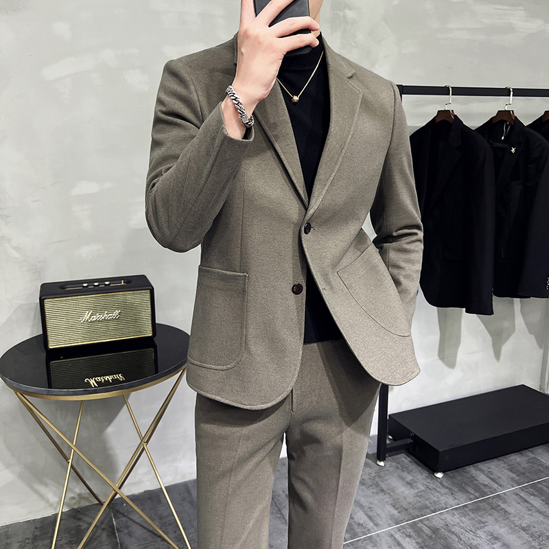 秋冬男士加厚毛呢休闲西服套装韩版修身青年潮流时尚小西装两件套