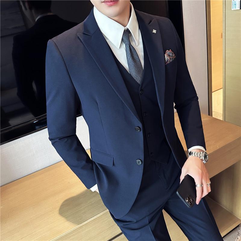 西服套装男三件套英伦修身职业装男痞帅戗驳领两粒扣休闲西装外套