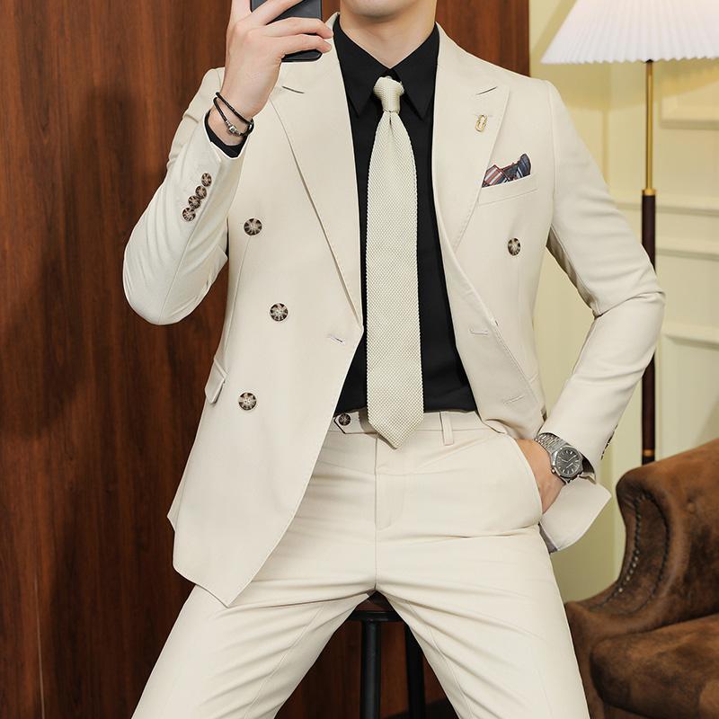 意式戗驳领布雷泽双排扣西服男气质垂感外套休闲痞帅新郎结婚礼服