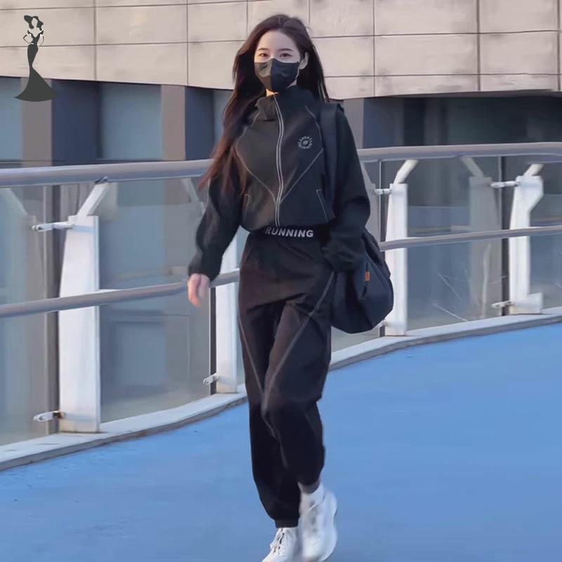 初秋穿搭韩系时尚休闲运动一整套气质减龄黑色上衣哈伦裤两件套装