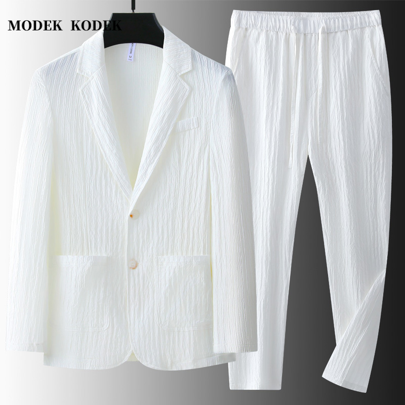 MODEK KODEK夏季薄款长袖商务休闲西服套装潮流宽松直筒裤两件套