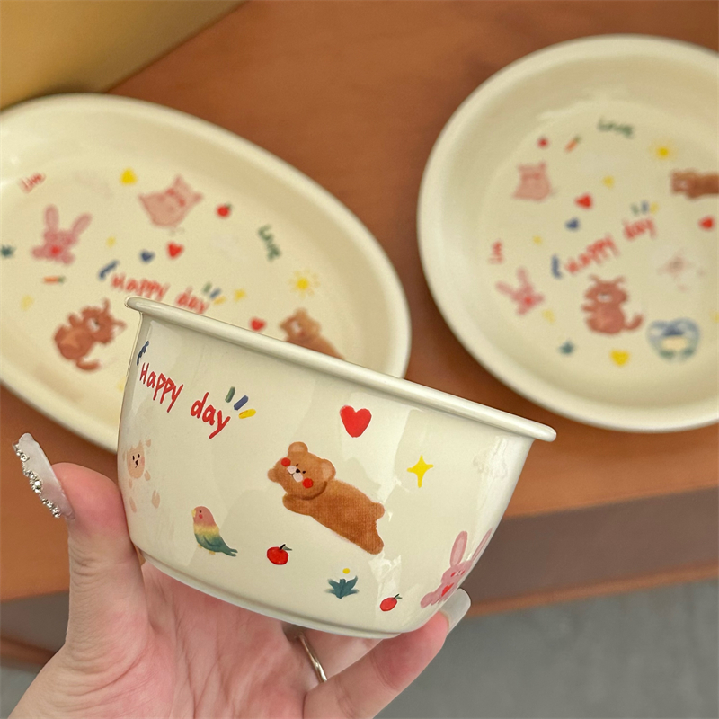 韩风可爱奶油色小兔陶瓷盘甜品盘早餐碗马克杯家用餐具耐高温