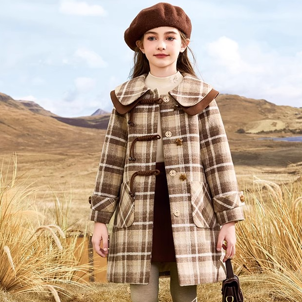 女童中长款格子呢子大衣2025秋冬新款中大童加厚毛呢外套儿童4058