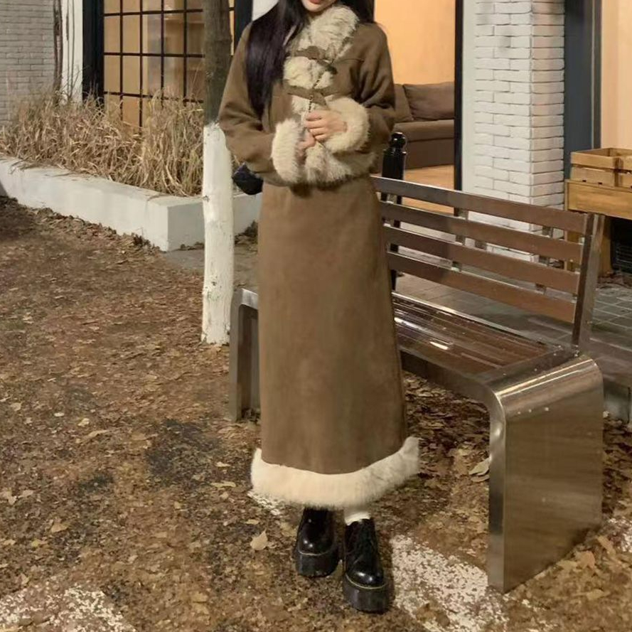 两件套秋冬新款千金风毛领夹棉外套后开叉半身裙套装女保暖百搭