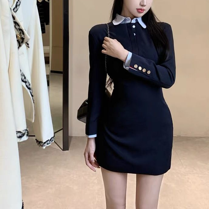西装连衣裙女装秋季长袖收腰裙子学院风拼接假两件包臀短裙时尚