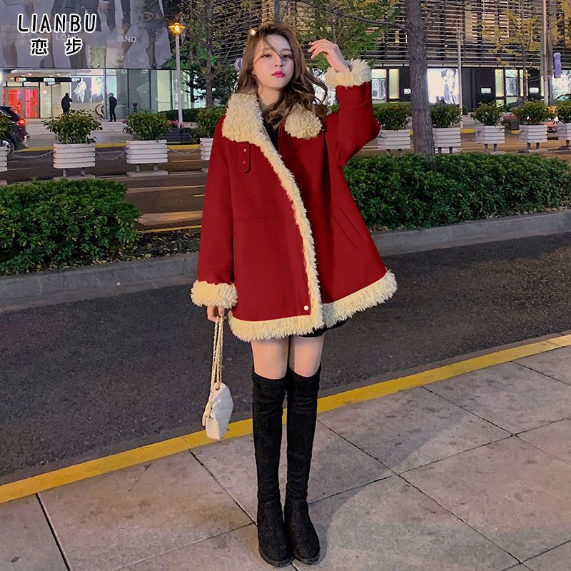 红色短款毛呢外套女中长款秋冬2021新款宽松呢子大衣小个子