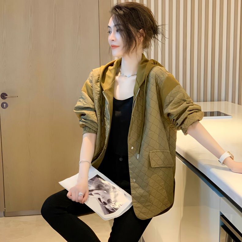 菱格连帽女士新款外套2023春秋季小香风设计感休闲流行夹克上衣