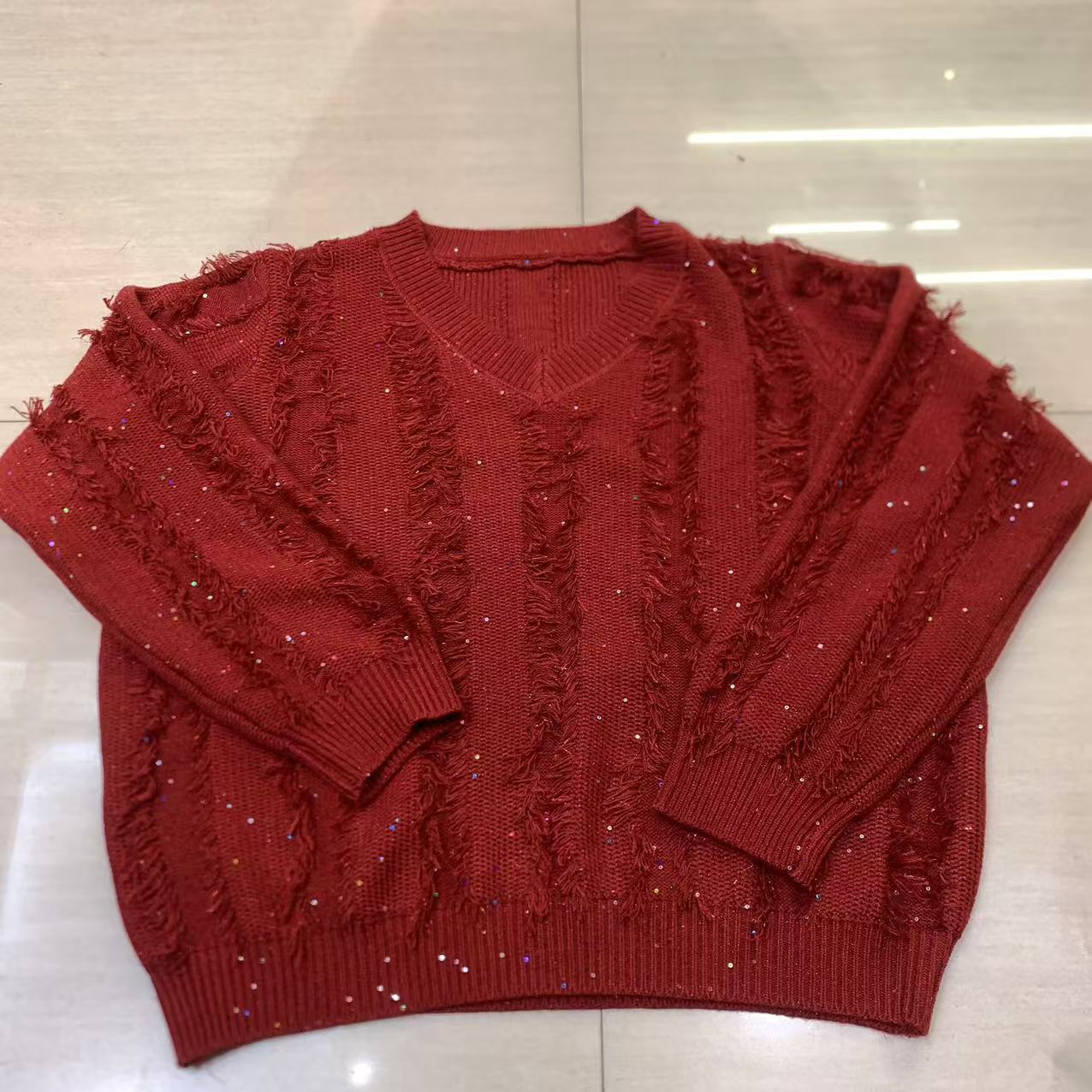 羊毛衣女士长袖针织时尚百搭红色镂空羊绒圆领网红宽松羊毛衫重工