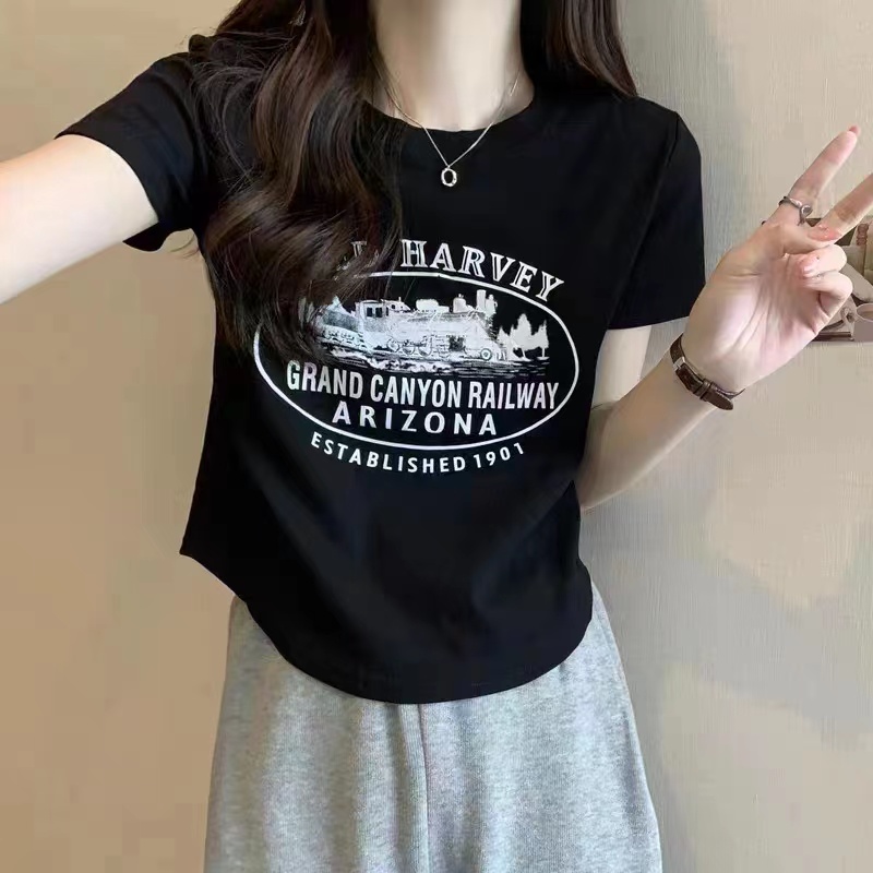 晨晨家 长款短款T恤 圆领印花时尚百搭显瘦