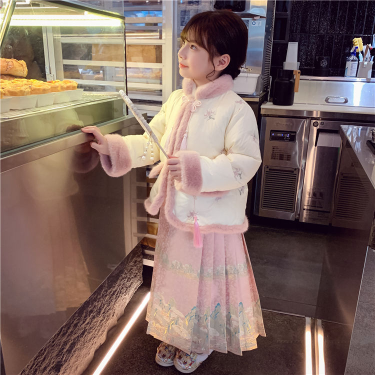 女童加绒马面裙两件套秋冬季2024新款宝宝拜年中国风棉服唐装套装