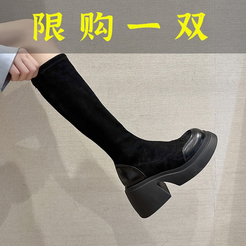 红蜻蜓牌2023秋冬厚底增高弹力靴女黑色长靴子休闲增高瘦瘦靴潮