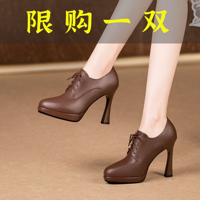 红蜻蜓牌系带春季高跟单鞋百搭真皮女鞋2023年新款圆头防水台细