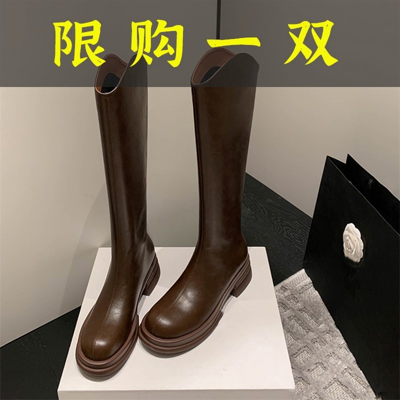 红蜻蜓牌23秋冬爆小个子巨舒服_棕色圆头中跟V口高筒直筒长靴女