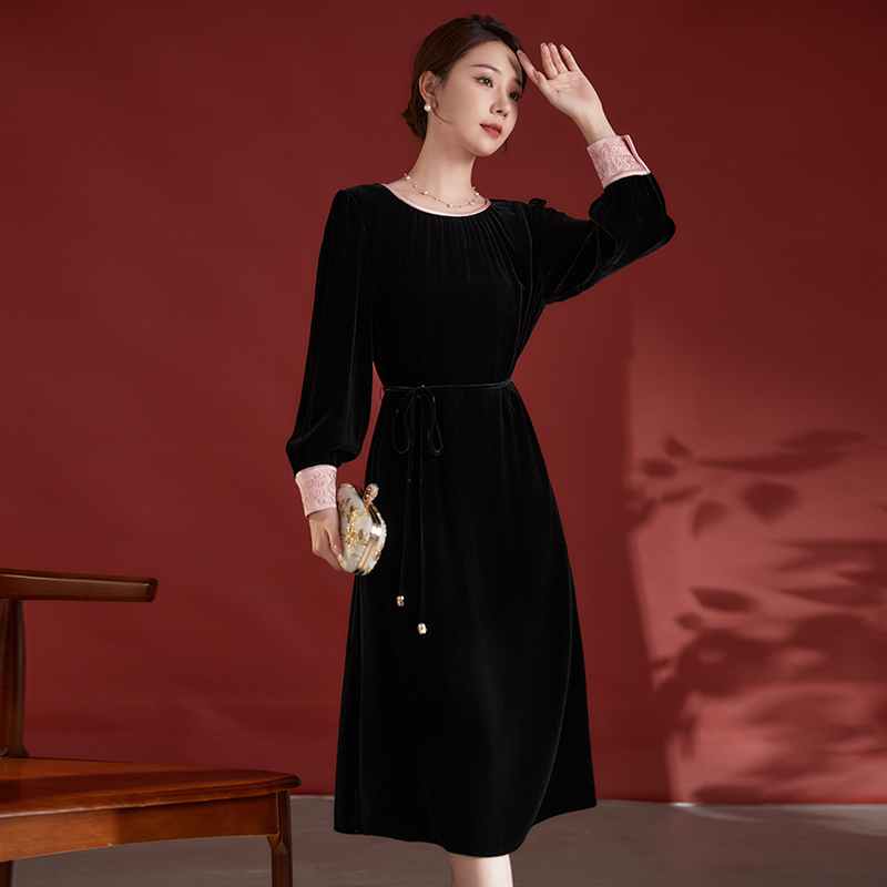 水墨佳人真丝丝绒气质女装连衣裙82497970