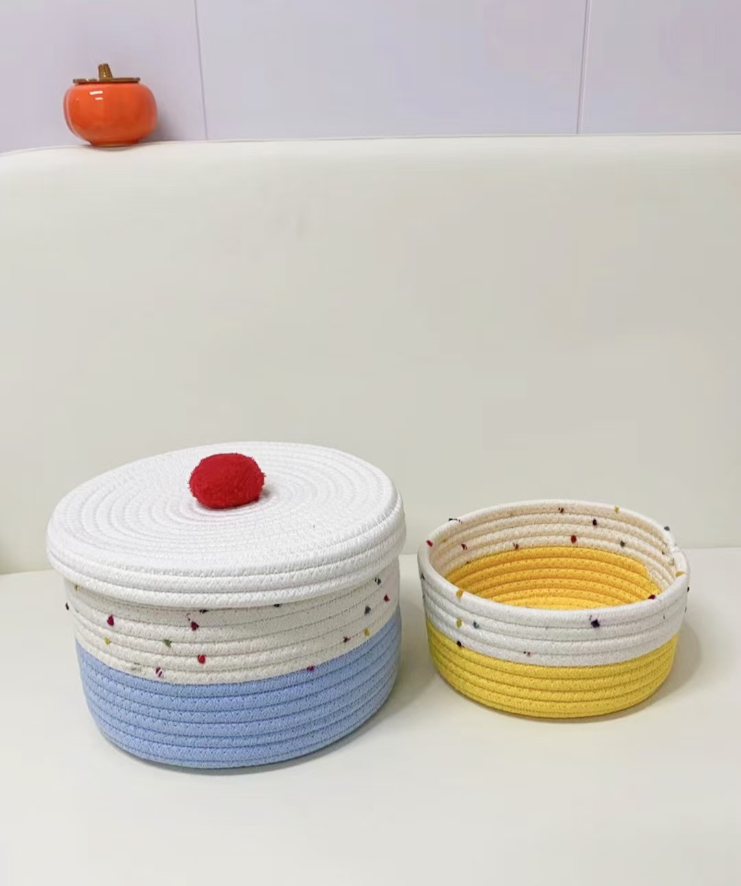 奶油彩点撞色棉绳收纳筐棉线桌面化妆品玩具收纳奶油蛋糕