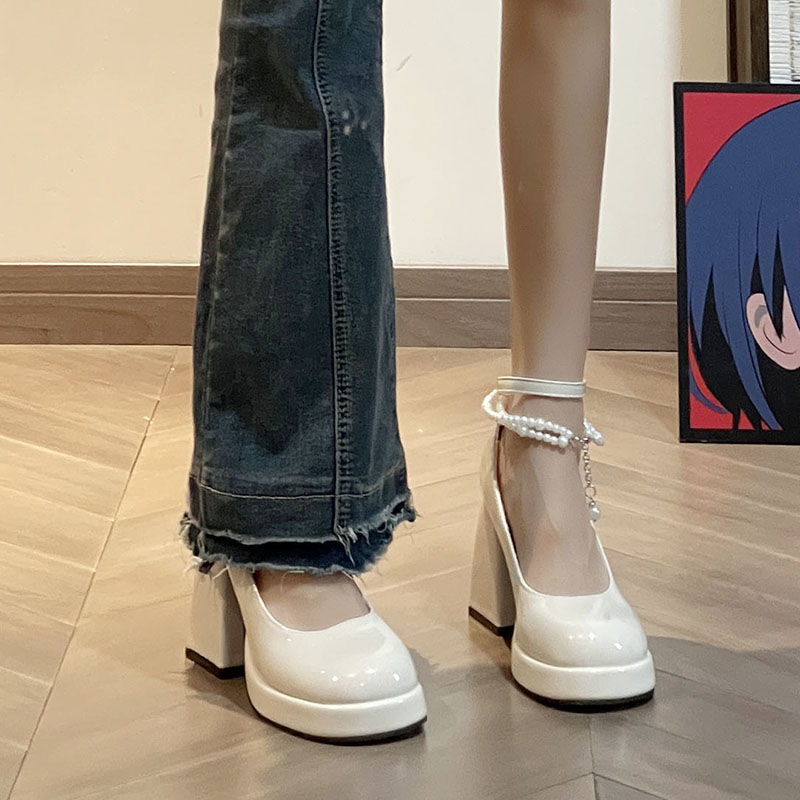 红蜻蜓牌玛丽珍高跟鞋女2023春新款法式圆头小皮鞋珍珠白色粗跟百