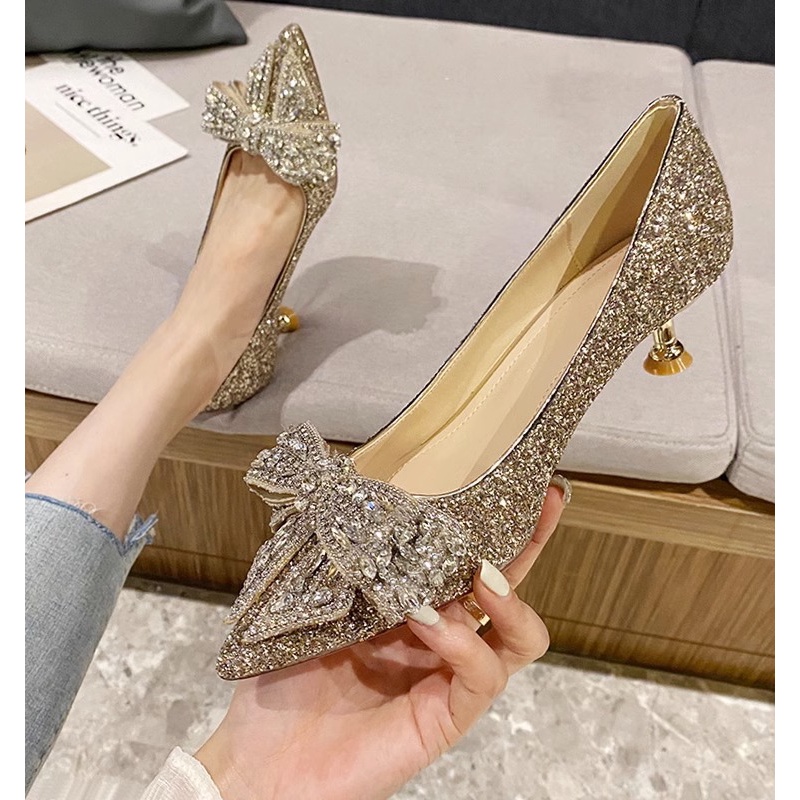 红蜻蜓牌订婚新娘鞋女2023新款水钻金色亮片禾秀主婚纱两穿法式水