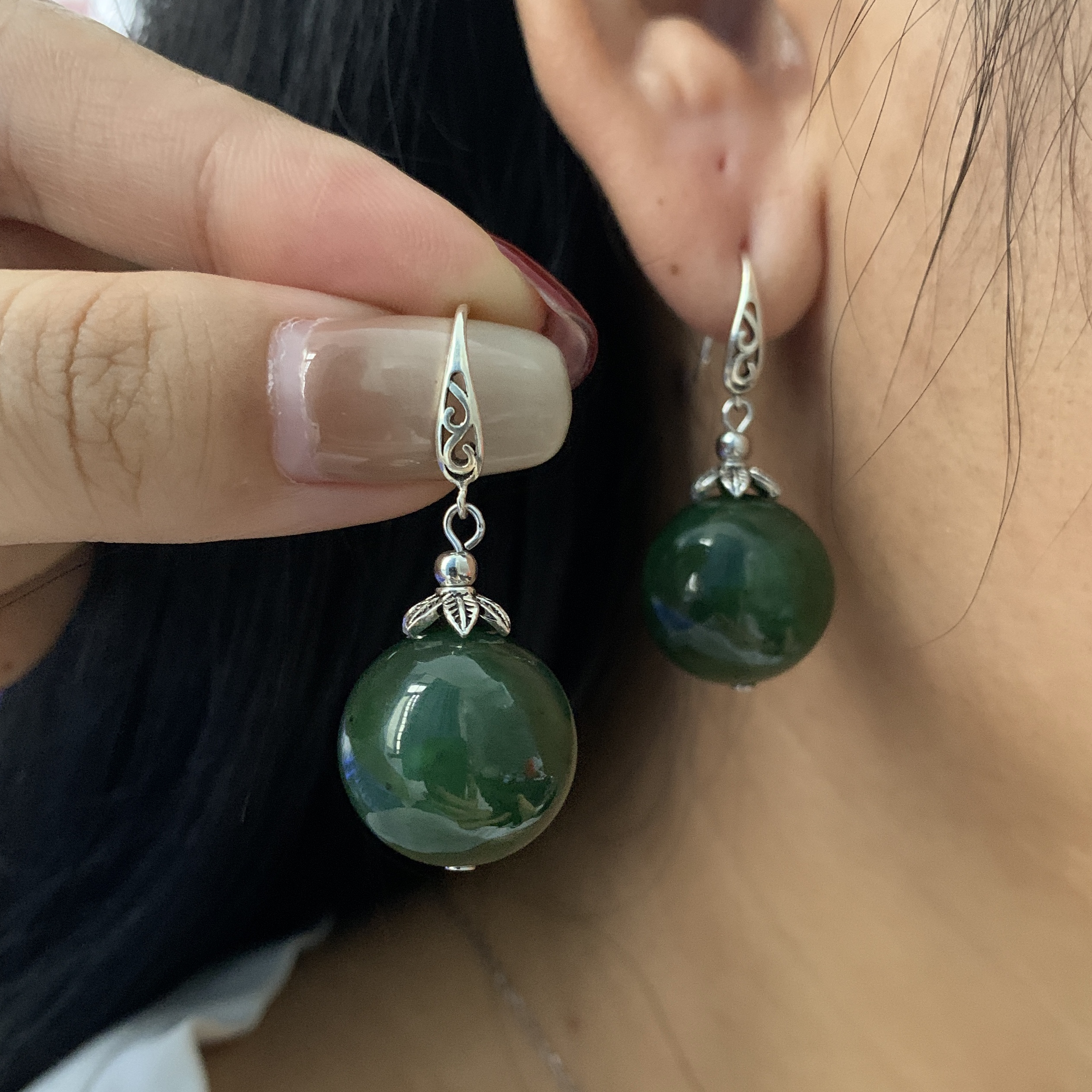 和田玉碧玉卡16mm左右复古气质简约大气款菠菜绿耳环耳饰s925银