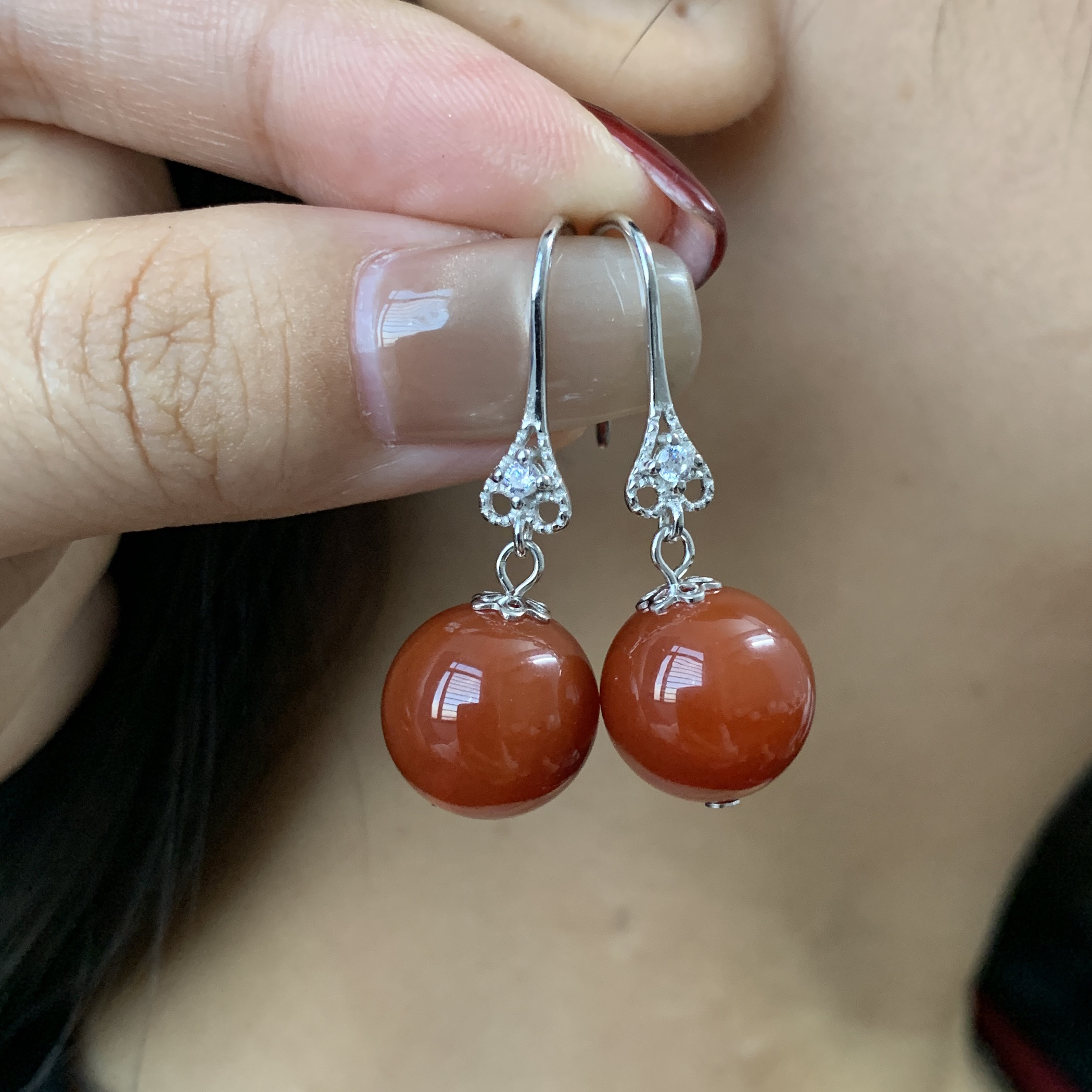 天然红玛瑙满肉珠径卡12mm左右S925银通体复古百搭气质耳环