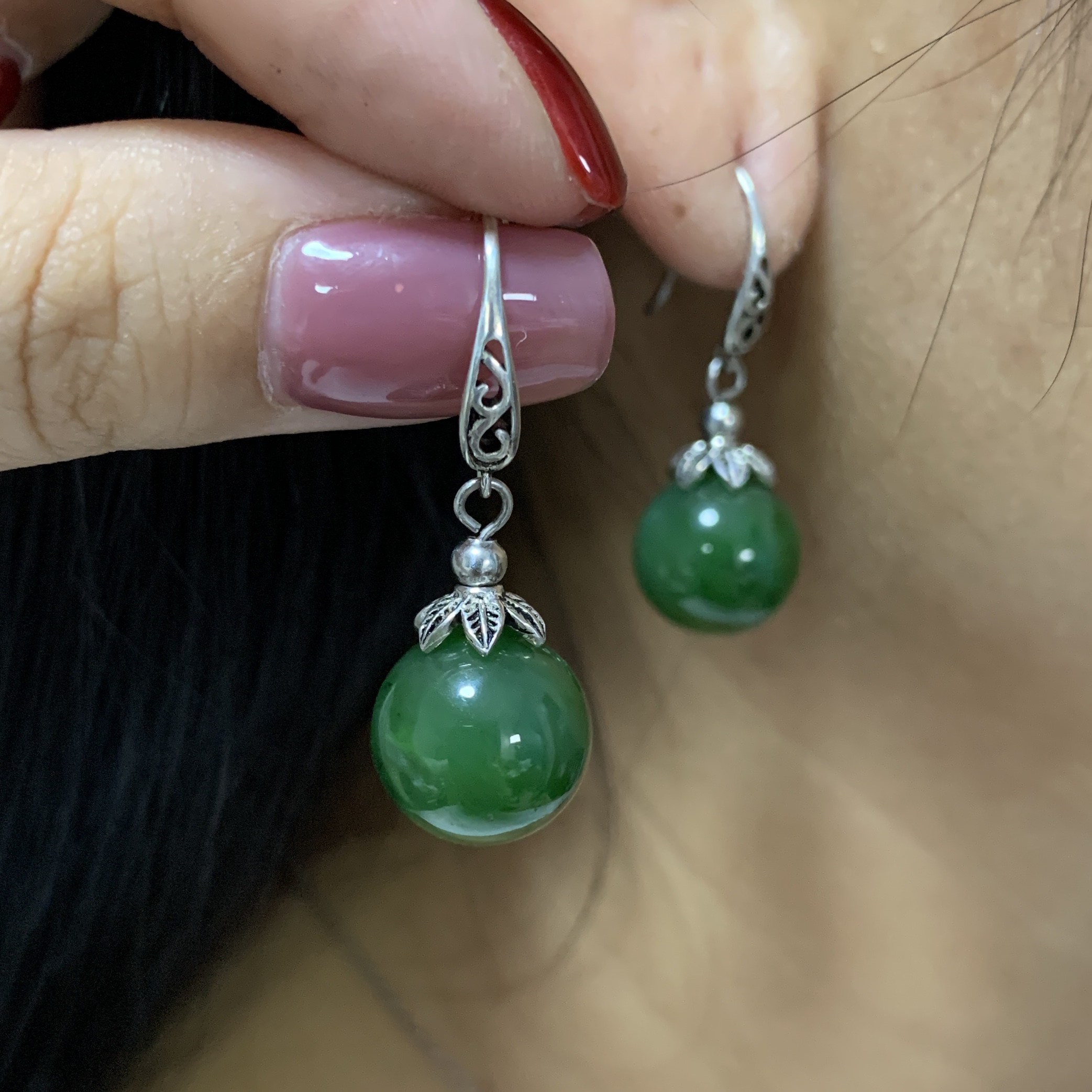 天然和田玉碧玉耳环珠子卡12mm左右镂空钩s925银耳饰