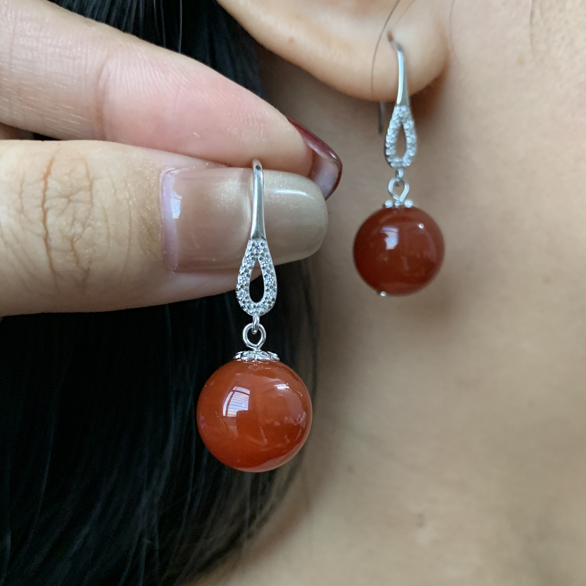 天然红玛瑙满肉珠径卡12mm左右S925银复古中国风百搭气质耳环