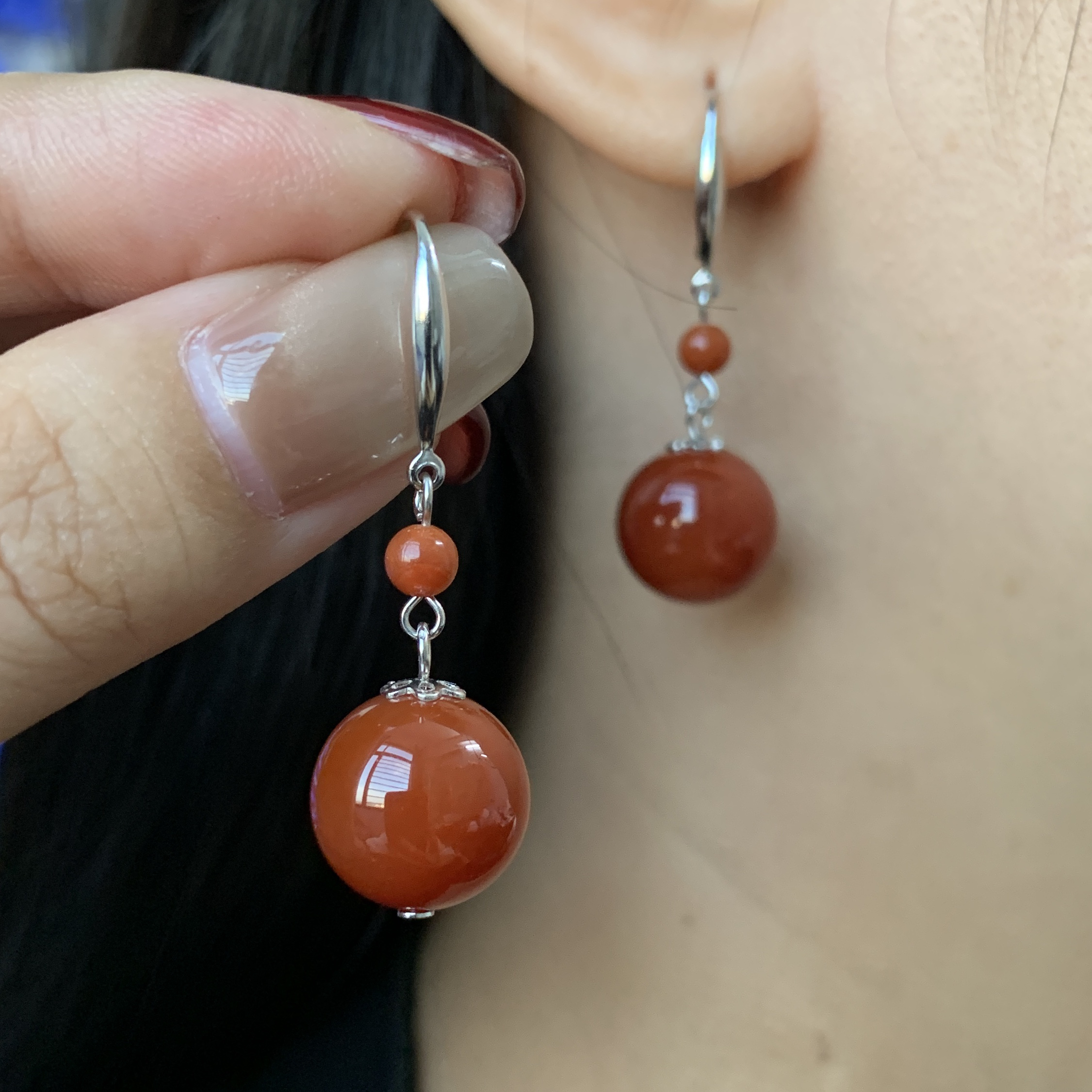 天然红玛瑙满肉珠径卡12mm左右S925银复古中国风百搭气质耳环