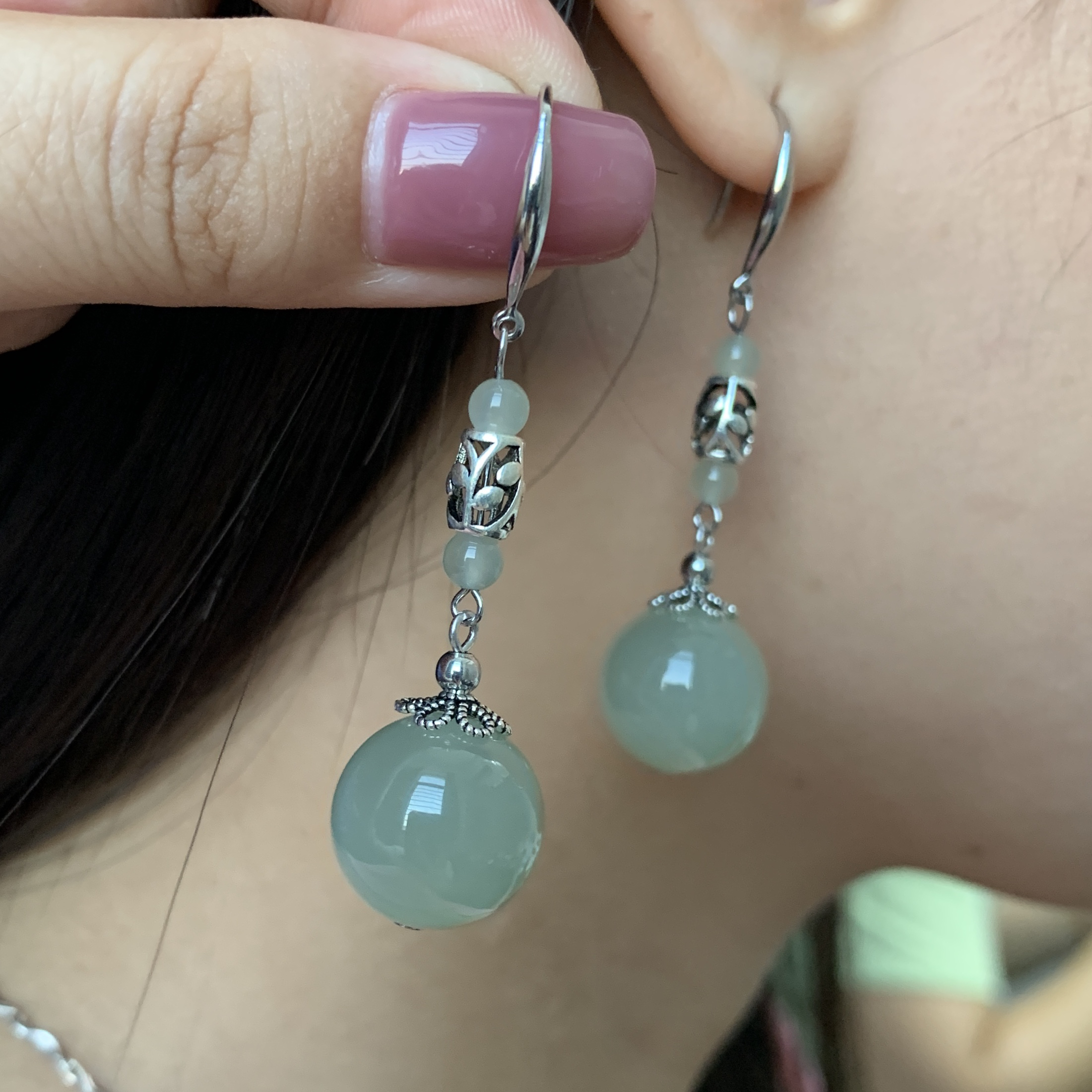 天然和田玉晴水S925通体银珠径14MM左右中国风复古百搭新中式耳环