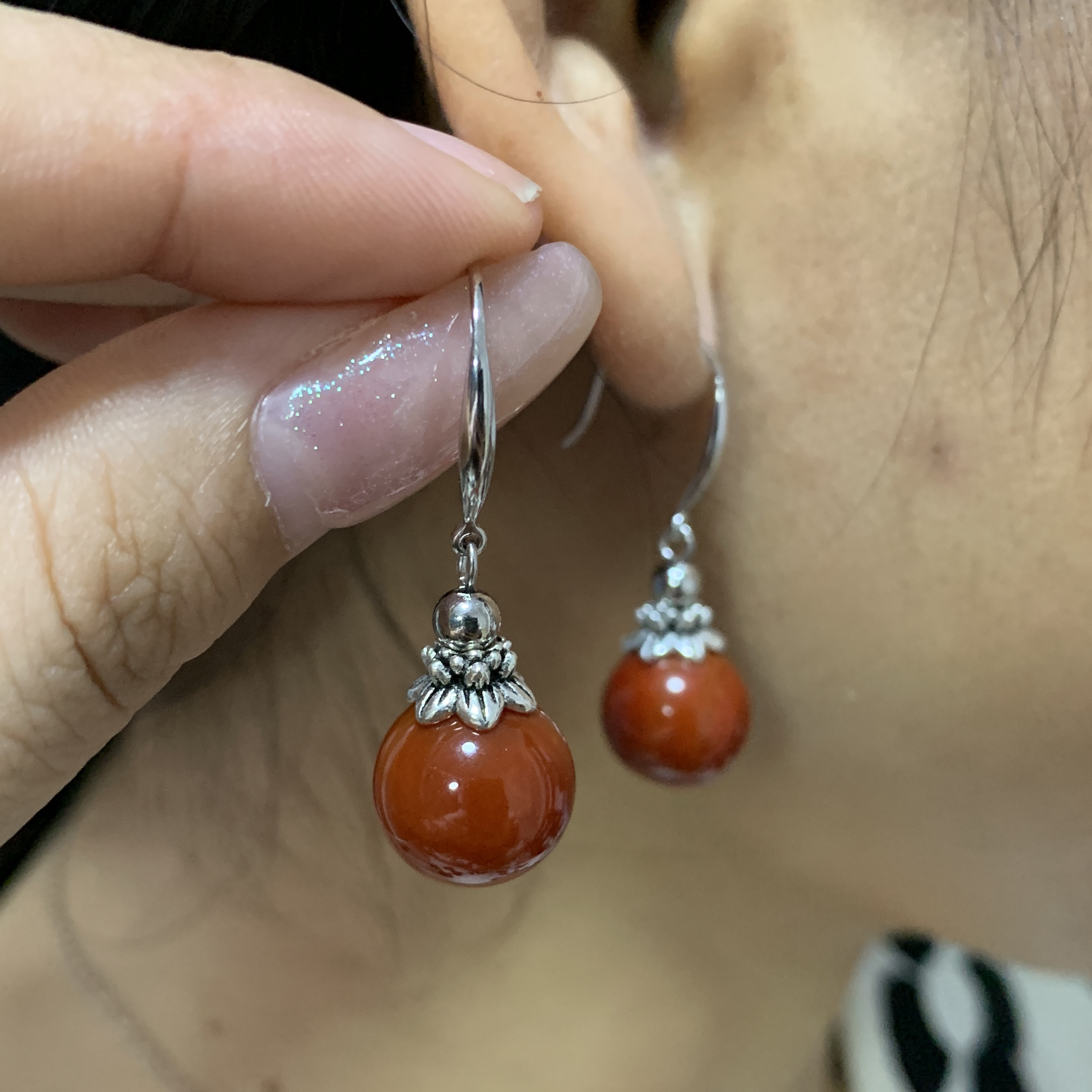 天然红玛瑙满肉珠径卡12mm左右S925银通体复古百搭气质耳环