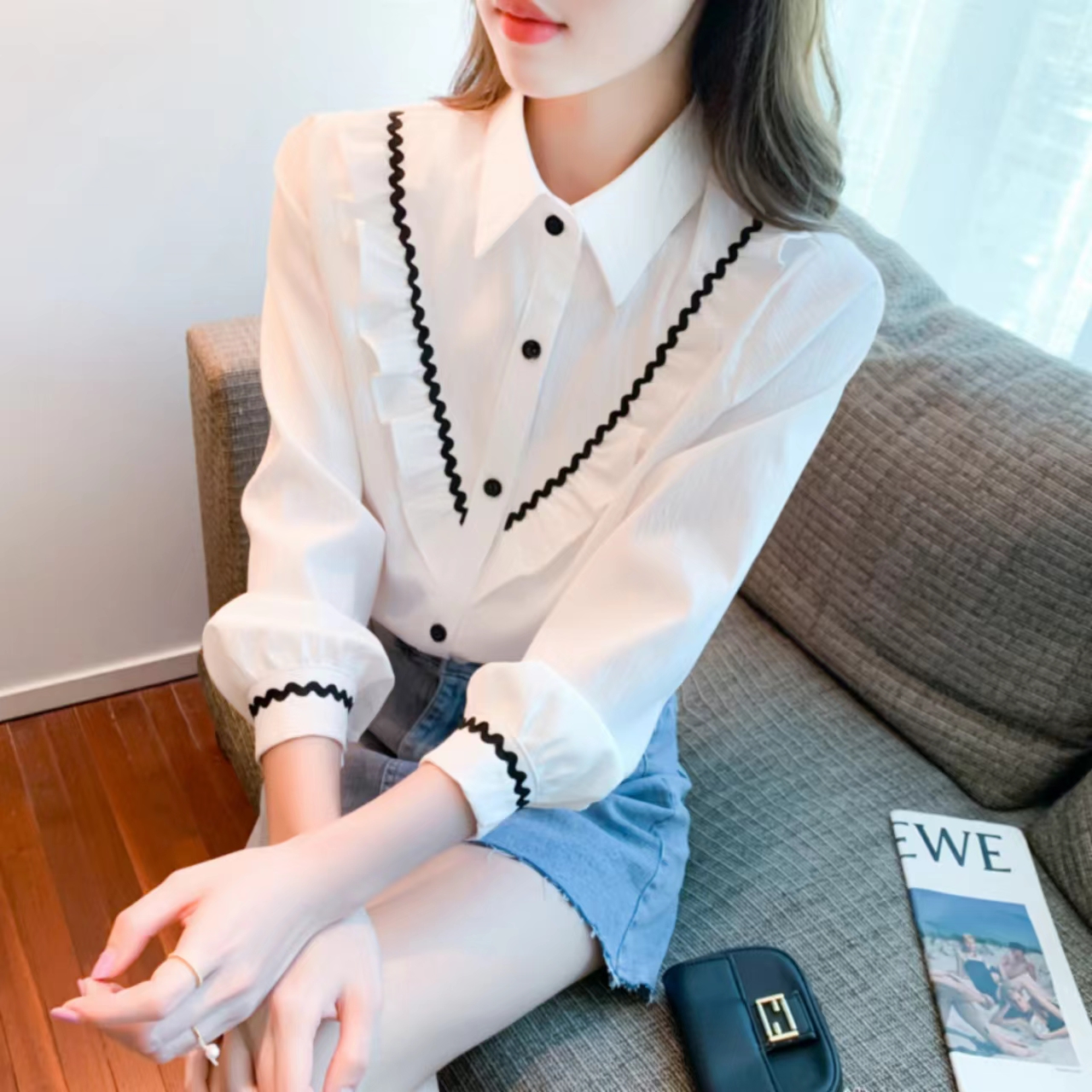 2025春季新款翻领白色衬衫女装长袖装翻领长袖412