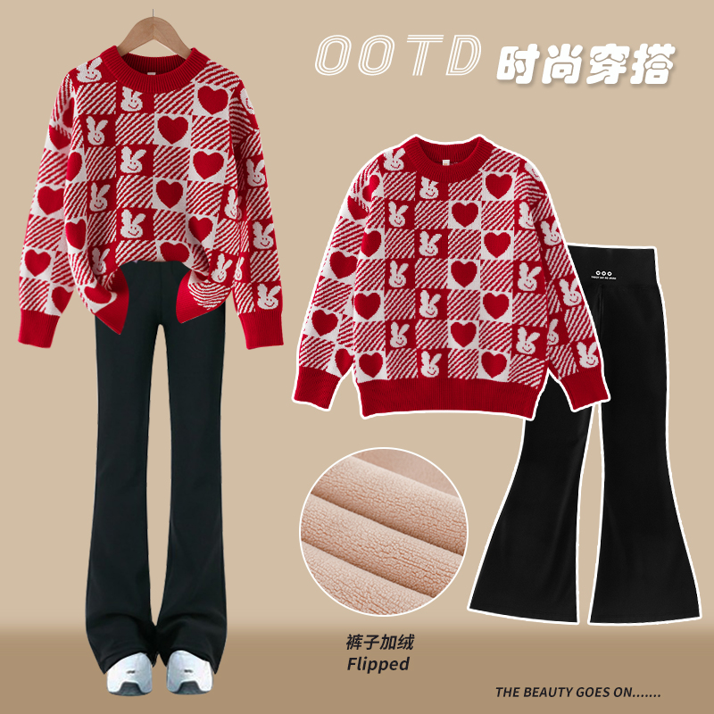 2024新款女童冬装套装大儿童时髦洋气毛衣喇叭裤加绒加厚新年衣服