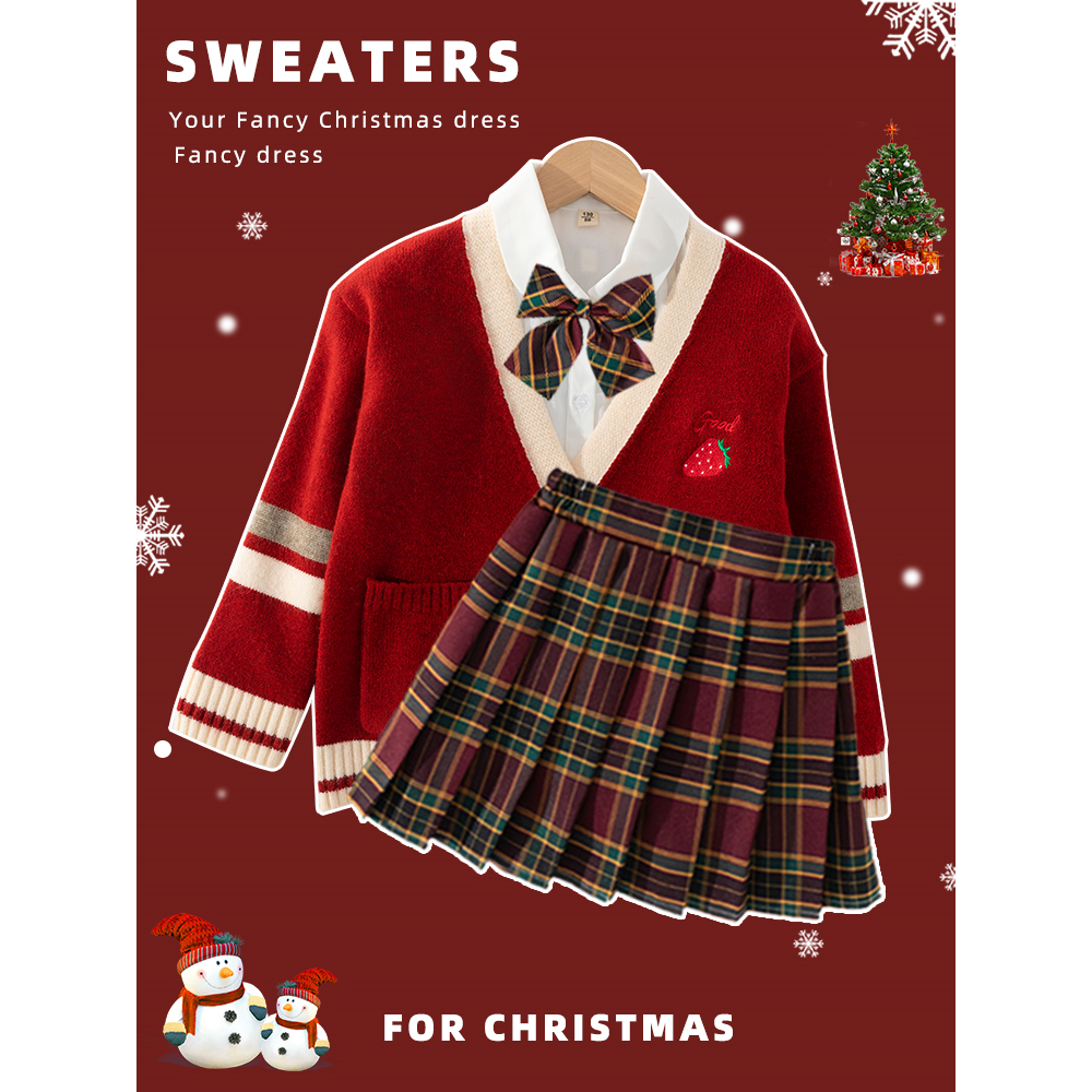 女童jk制服学院风套装秋冬红色新年裙子儿童圣诞连衣裙大童拜年服