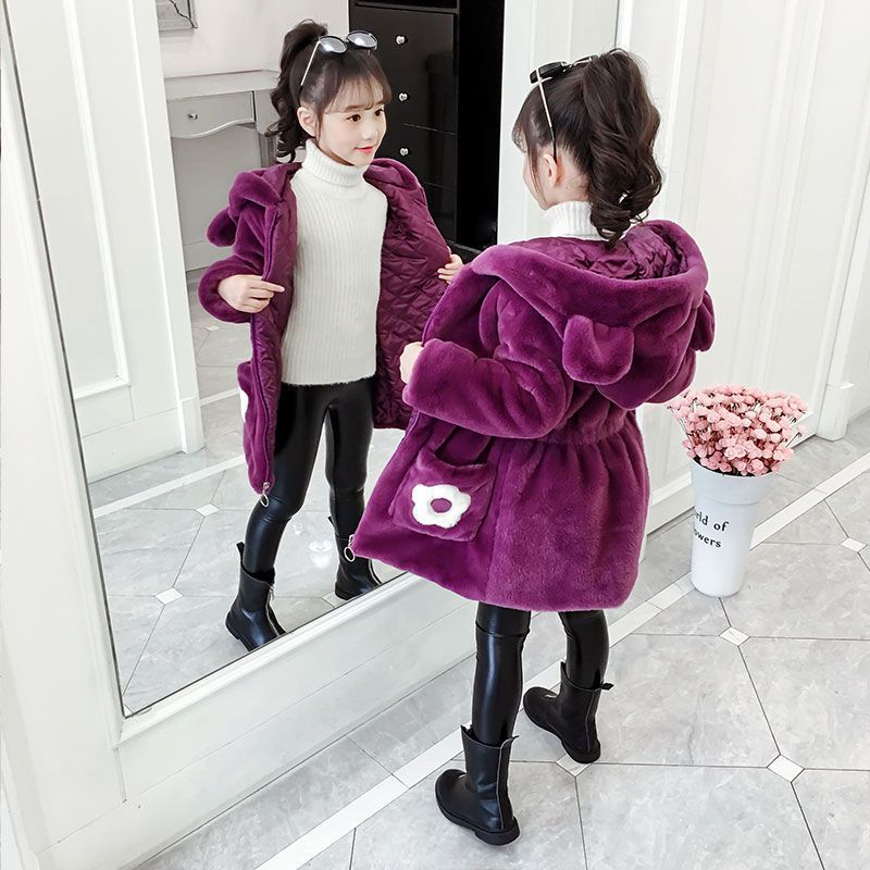 女童秋冬装外套2023新款儿童加厚保暖棉衣女孩中长款仿皮草毛毛衣