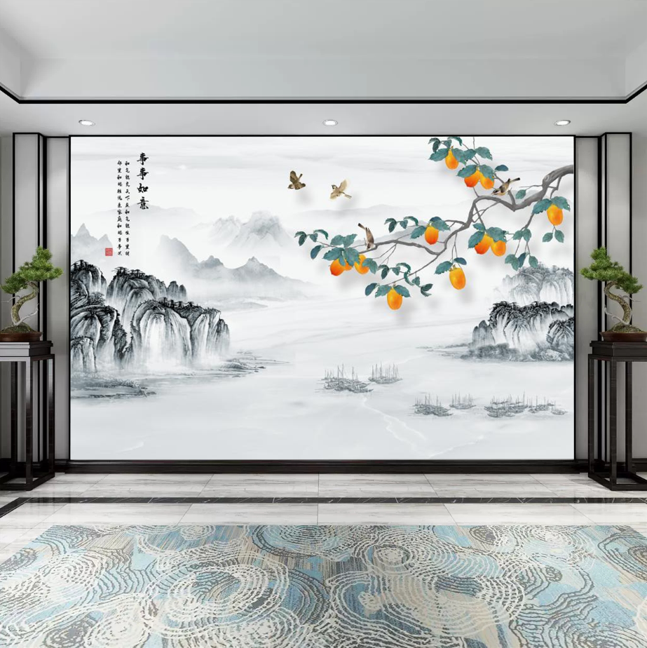 定制新中式手绘山水花鸟壁布装饰画卧室电视墙背景墙简单大方墙纸