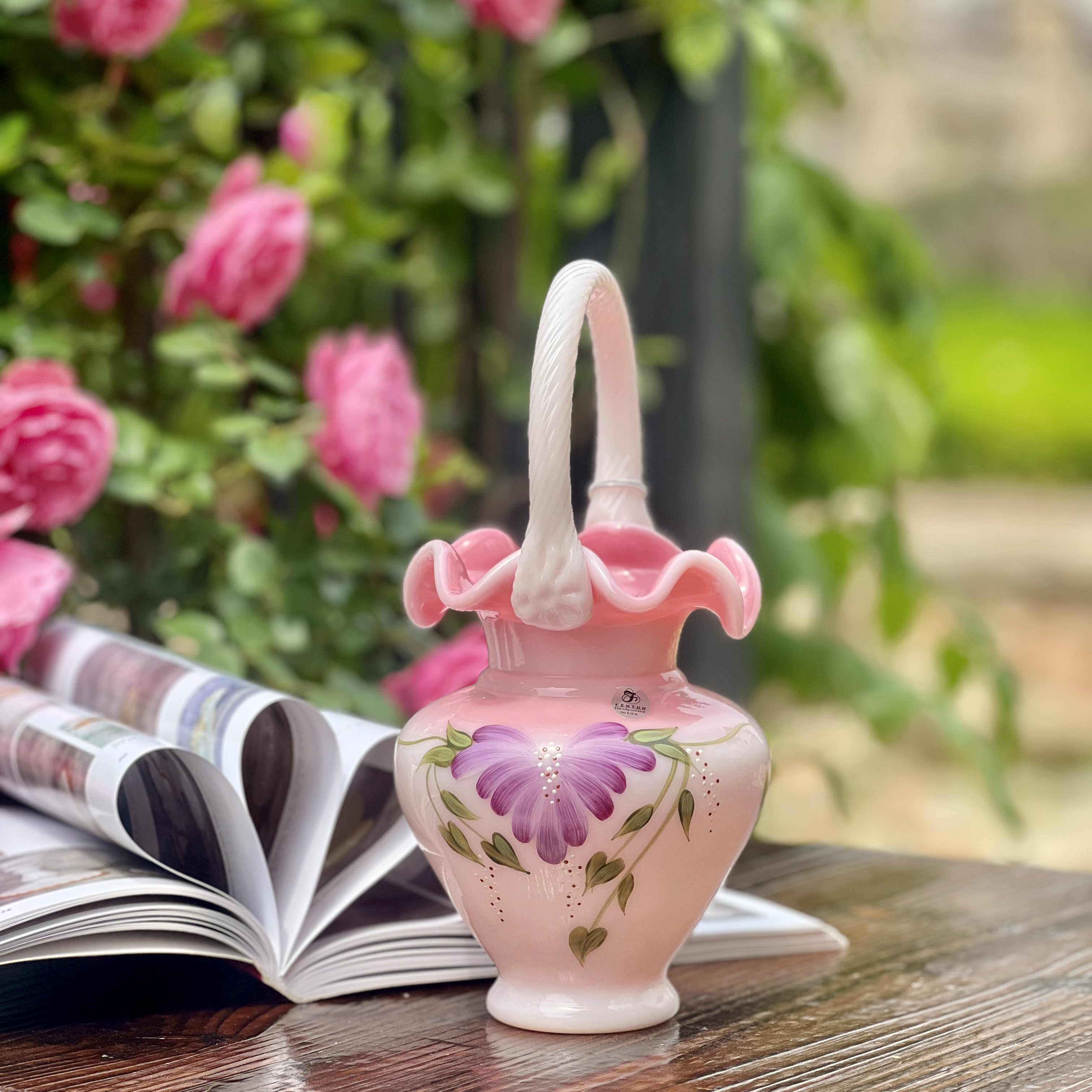 芬顿Fenton粉色罗莎提篮花瓶  FD6324