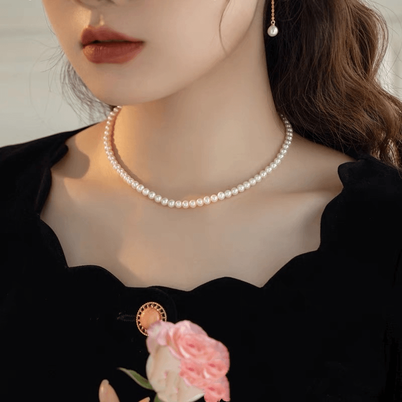 s925银正品天然珍珠近圆6-7mm 项链经典优雅百搭时尚颈链锁骨链