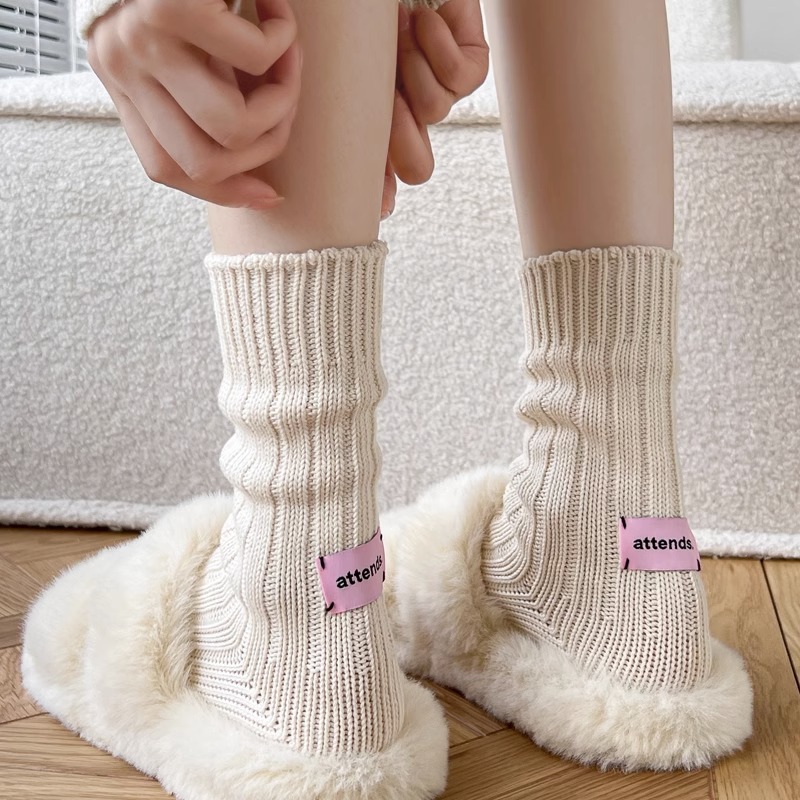 秋冬粉色标签中筒袜堆堆袜韩国ins潮袜竖条纹小腿袜白色短袜子女