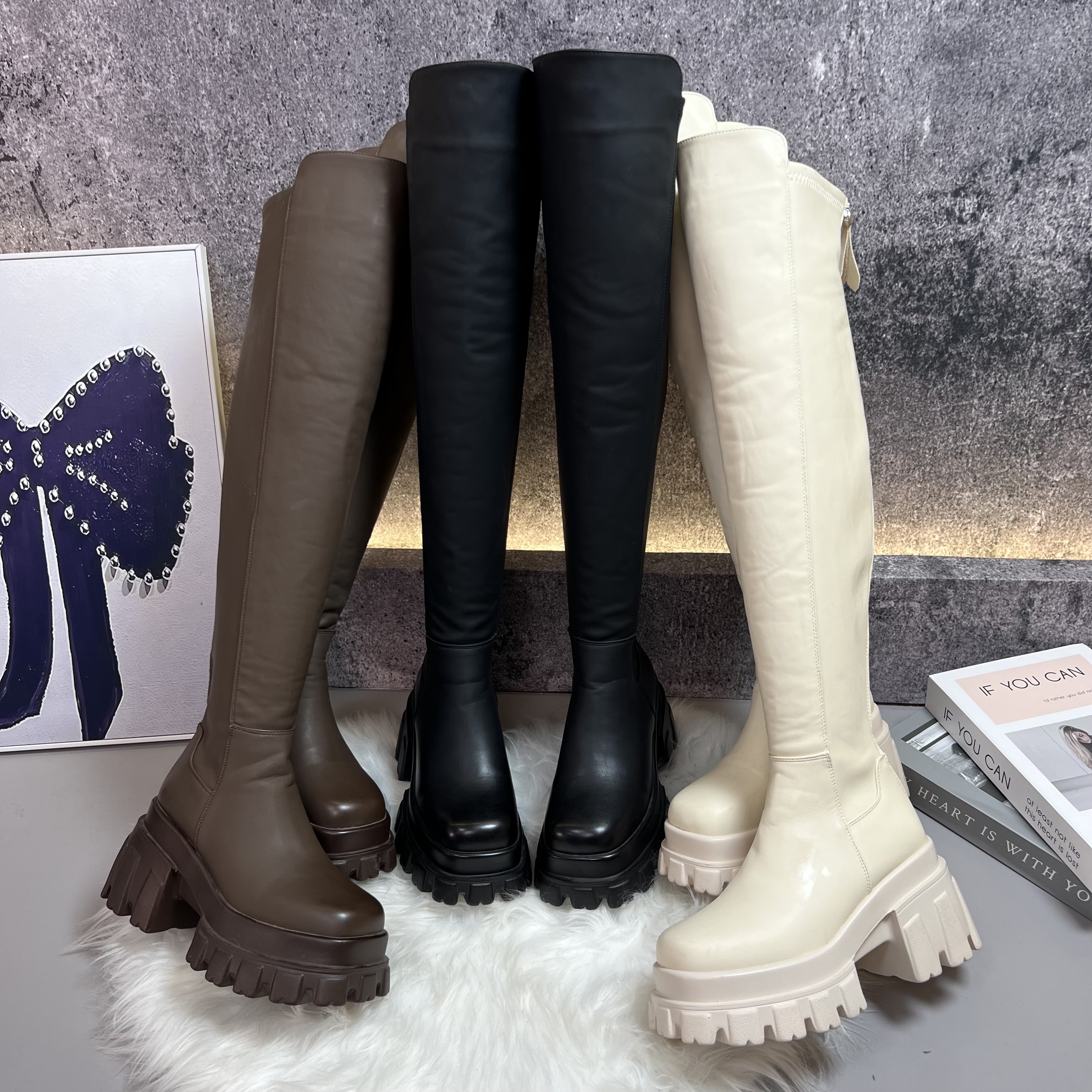 2024秋季新款过膝长筒显瘦小个子增高时尚百搭粗跟厚底加绒弹力靴