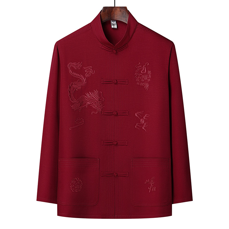 （大龙夏）夏季中老年男士长袖中国风唐装大龙刺绣单件上衣