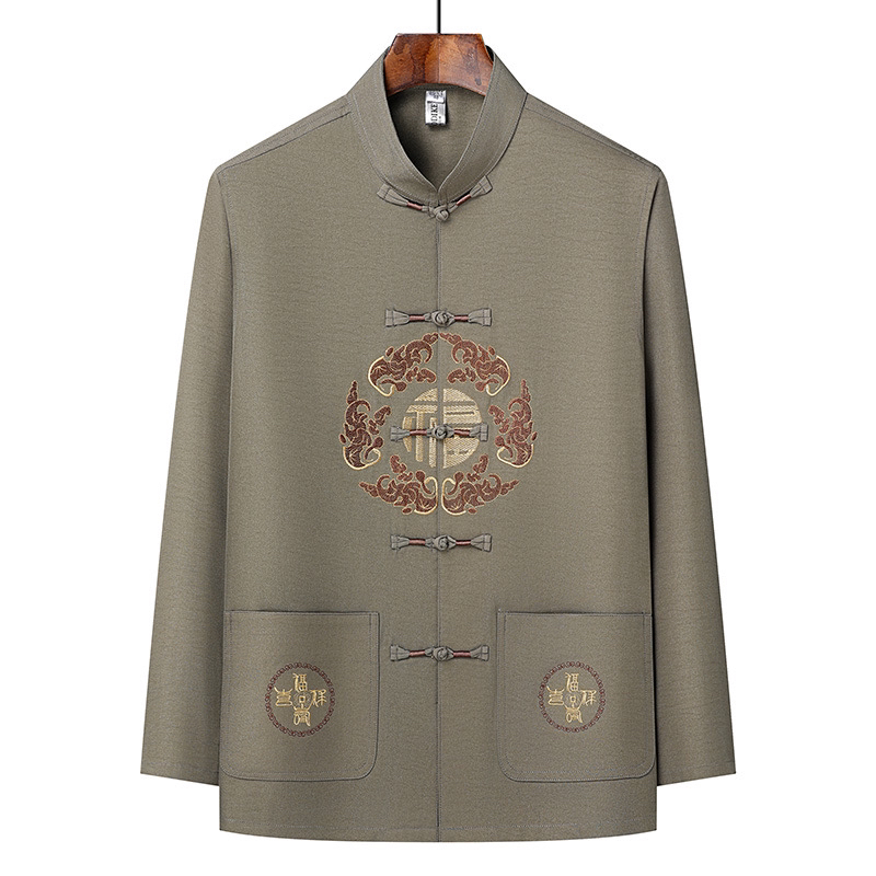 （金福夏）夏季中老年男士长袖中国风唐装金福刺绣单件上衣