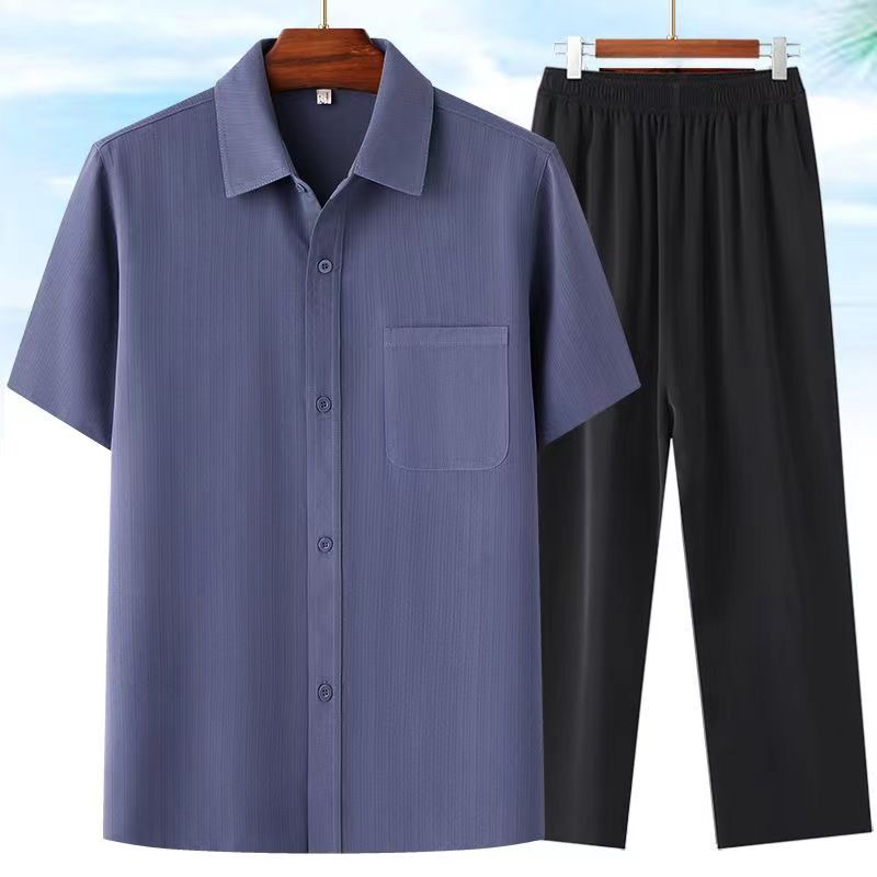 夏季中老年男士冰丝短袖衬衫双件套装80302