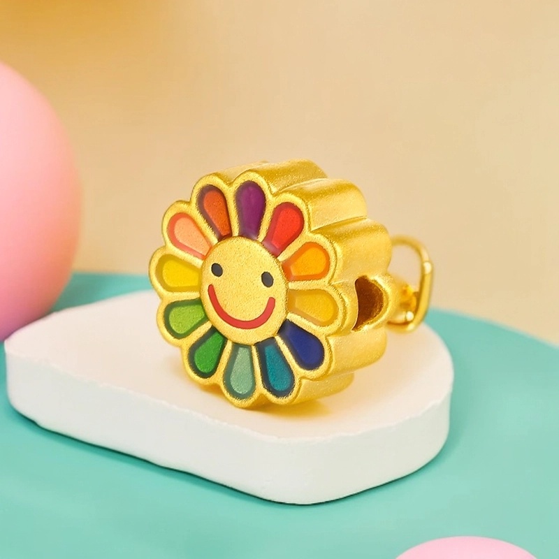 黄金硬金笑脸太阳花吊坠珐琅烤漆七彩双面向日葵雏菊纯金挂（定价