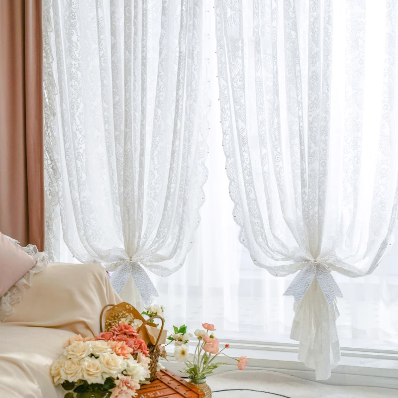 【魔术贴款】法式珍珠纱帘飘窗帘免打孔蕾丝窗帘纱帘门帘隔断帘子仙