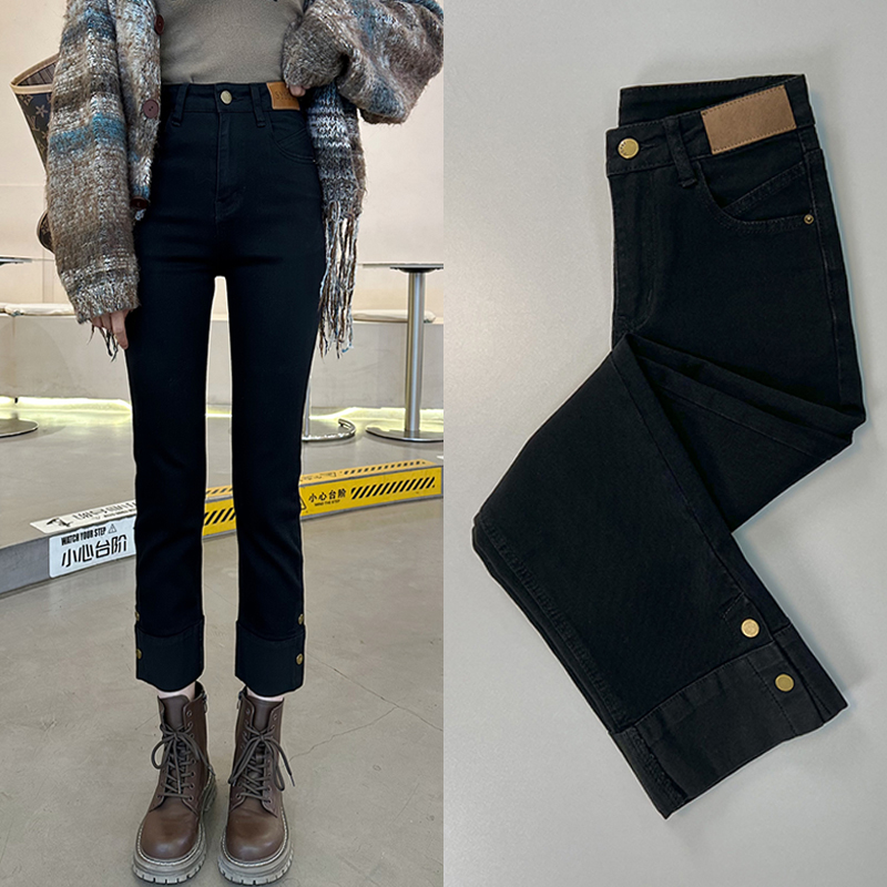 【coco严选】22黑色加绒直筒牛仔裤女纽扣百搭显瘦加厚烟管九分裤子