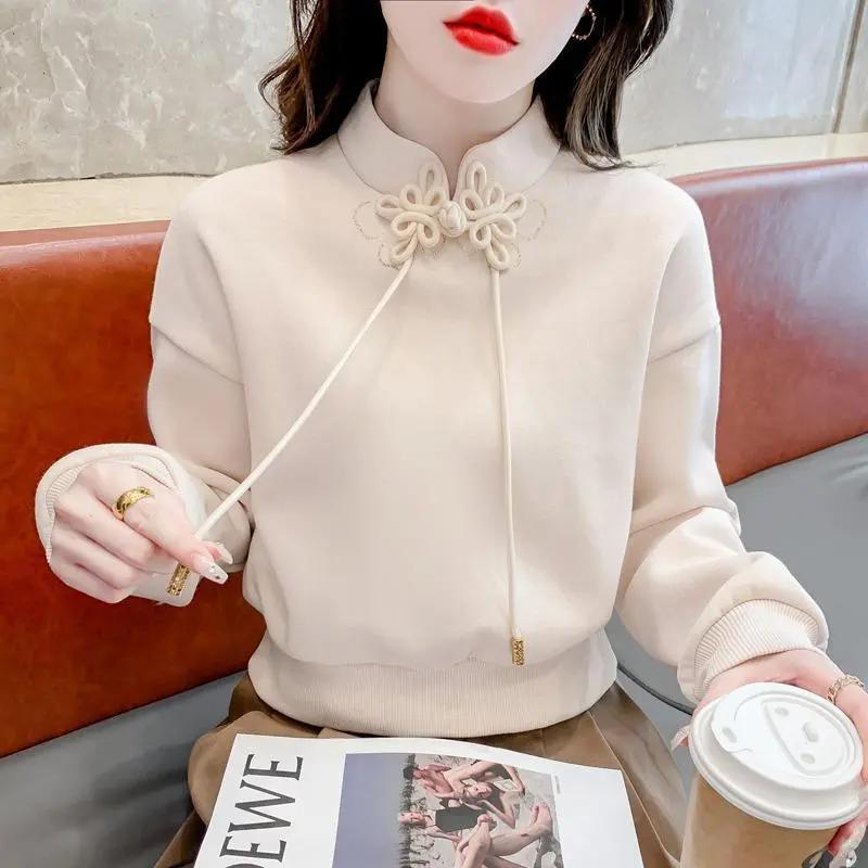 加绒新中式国风卫衣女新款秋季中国结盘扣秋冬短款洋气加厚上衣潮