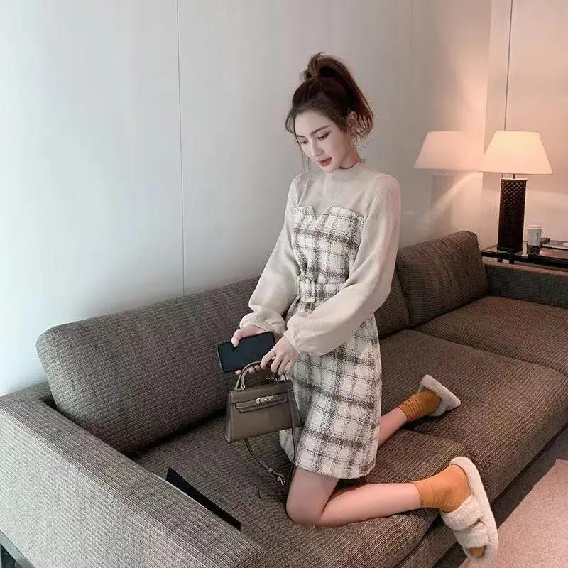 法式小众打底连衣裙春秋新款收腰显瘦复古小香风格子长袖裙子