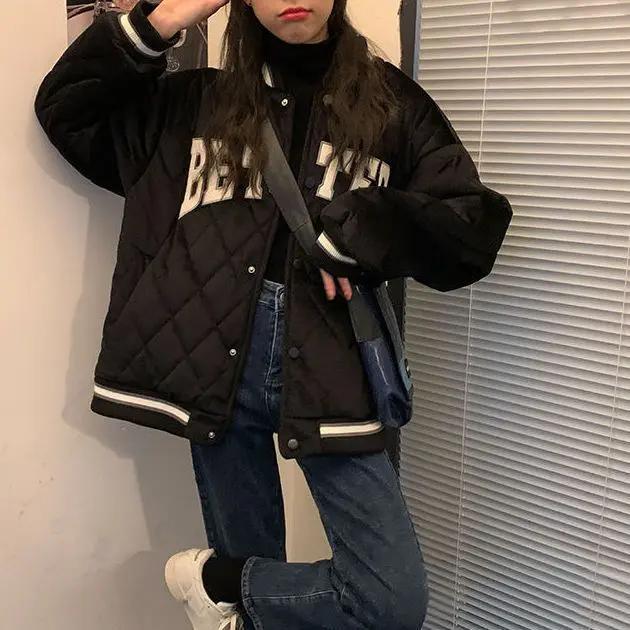 2022秋冬季男女韩系新款菱格短款宽松字母美式薄款棒球服棉衣外套